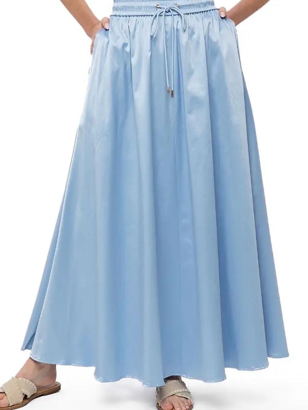 Burgess Collection Light Blue Serena Satin Maxi Skirt Drawstring Waist Cotton S